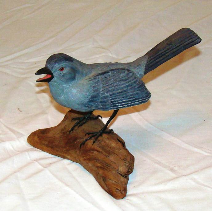 A bird statue on a piece of wood

AI-generated content may be incorrect.