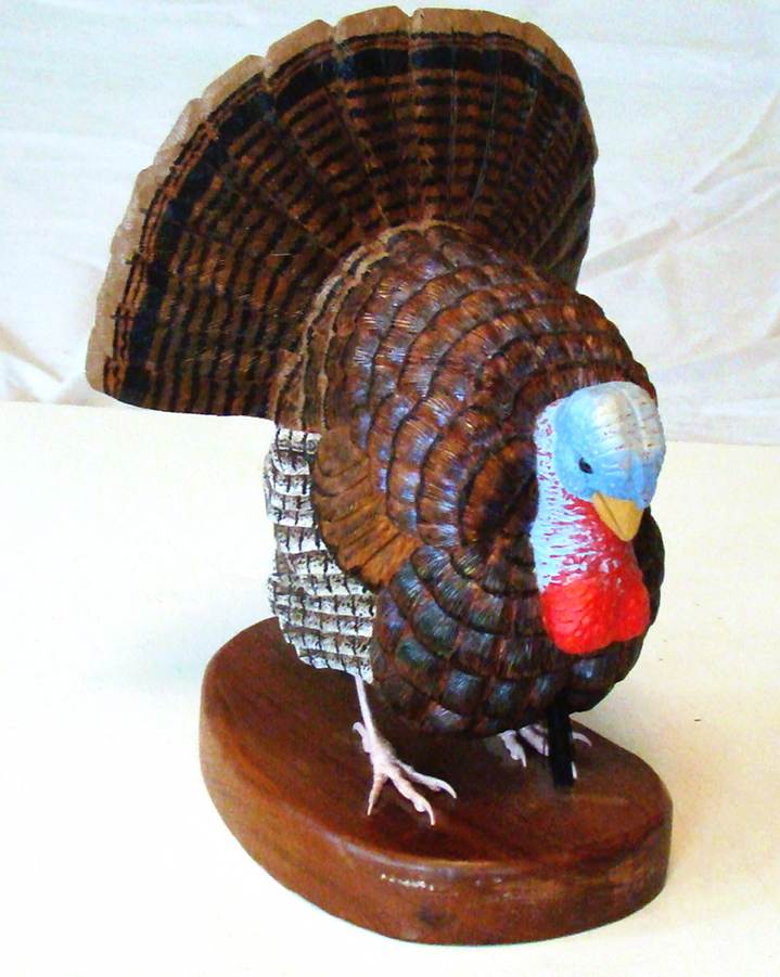 A turkey statue on a wood stand

AI-generated content may be incorrect.