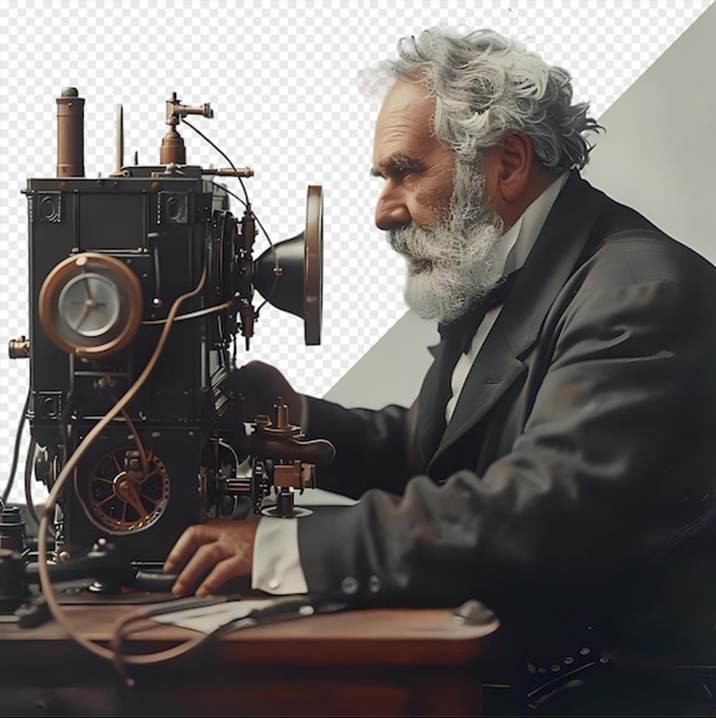 Premium PSD | Alexander Graham Bell tests first telephone prototype