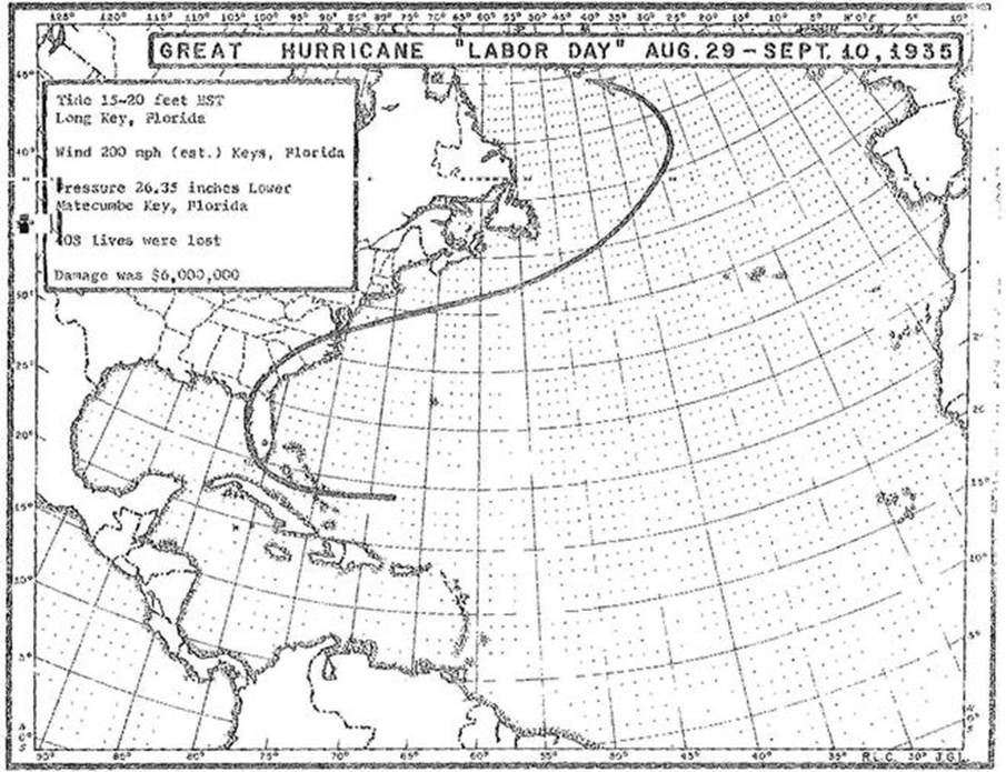 A chart showing the 1935 Labor Day hurricane�s path.
