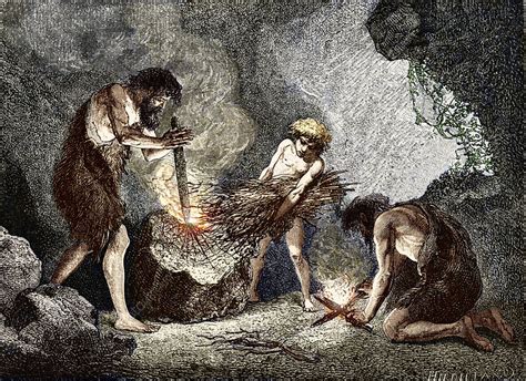 Early humans making fire - Stock Image - E439/0130 - Science Photo Library