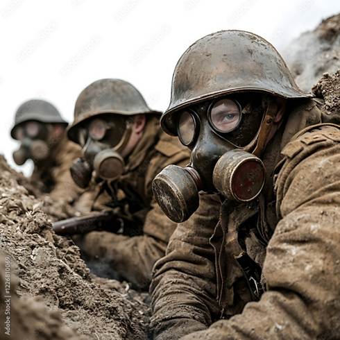 World War I Soldiers in Trench: A dramatic close-up depicts three ...