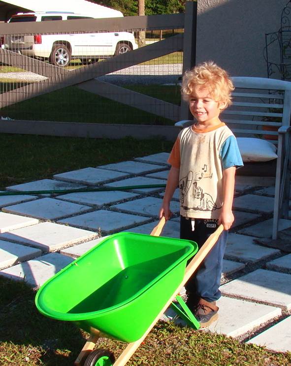 A young child pushing a wheelbarrow

Description automatically generated